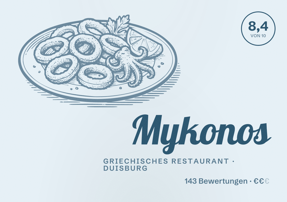 Illustriertes Poster von Mykonos, Griechisches Restaurant in Duisburg: Bewertung 8,4 von 10 aus 143 Bewertungen, Preisniveau €€