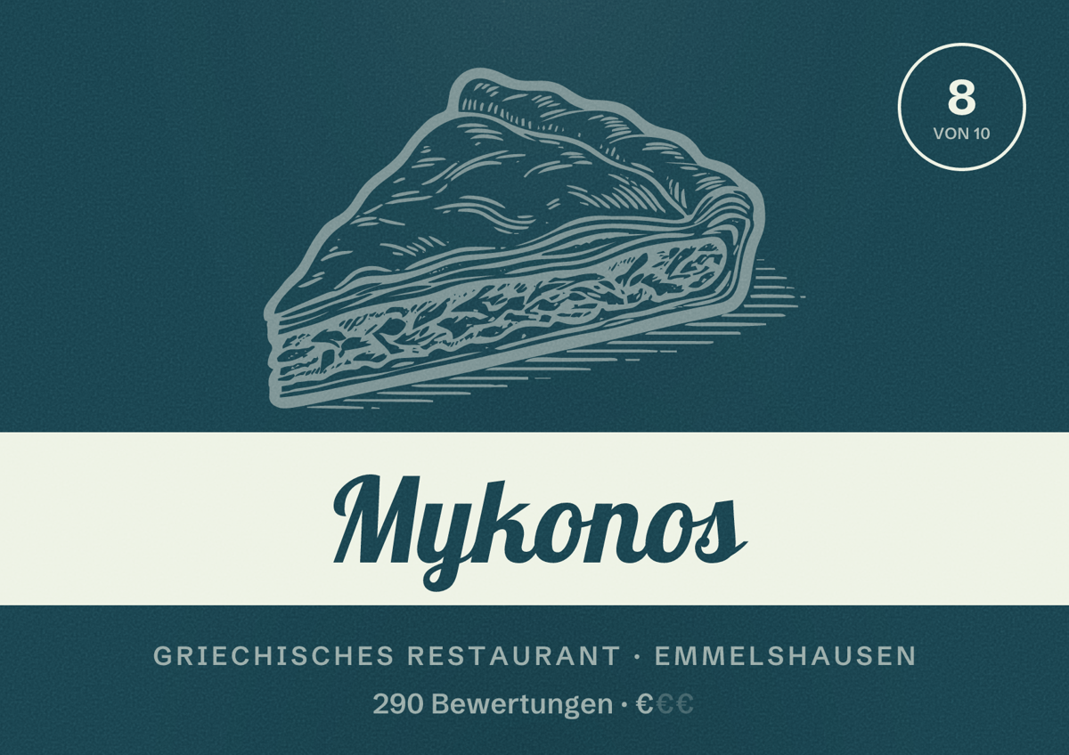 Illustriertes Poster von Mykonos, Griechisches Restaurant in Emmelshausen: Bewertung 8 von 10 aus 290 Bewertungen, Preisniveau €