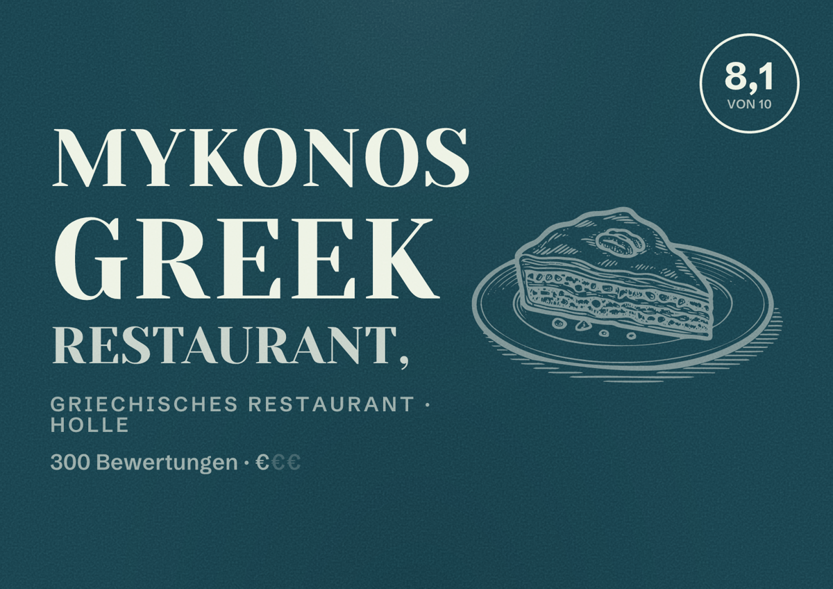 Illustriertes Poster von Mykonos Greek Restaurant,, Griechisches Restaurant in Holle: Bewertung 8,1 von 10 aus 300 Bewertungen, Preisniveau €
