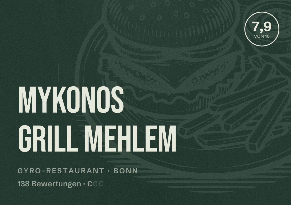 Illustriertes Poster von Mykonos Grill Mehlem, Gyro-Restaurant in Bonn: Bewertung 7,9 von 10 aus 138 Bewertungen, Preisniveau €