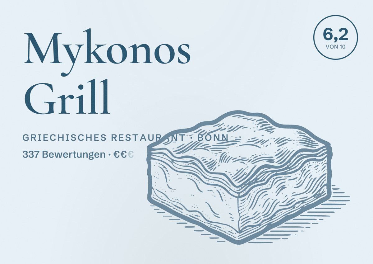 Illustriertes Poster von Mykonos Grill, Griechisches Restaurant in Bonn: Bewertung 6,2 von 10 aus 337 Bewertungen, Preisniveau €€