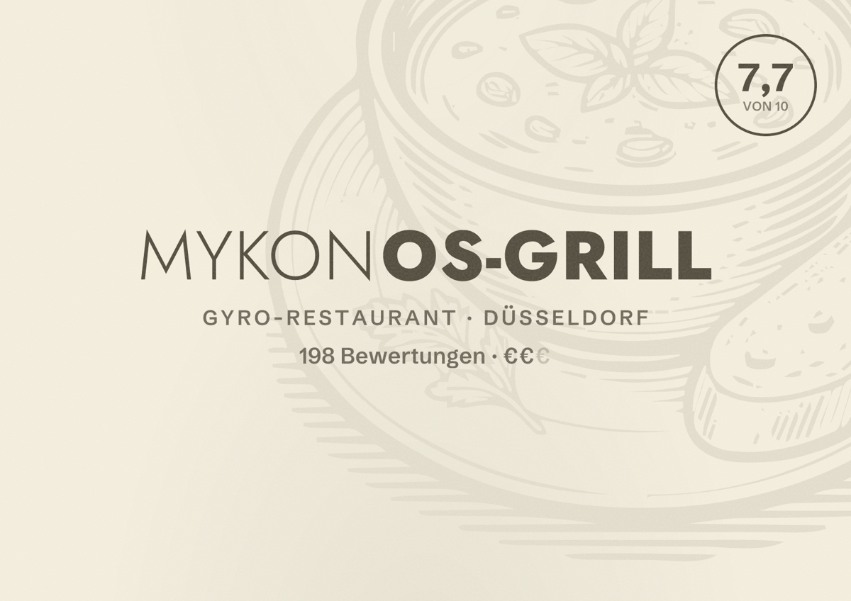 Illustriertes Poster von Mykonos-Grill, Gyro-Restaurant in Düsseldorf: Bewertung 7,7 von 10 aus 198 Bewertungen, Preisniveau €€