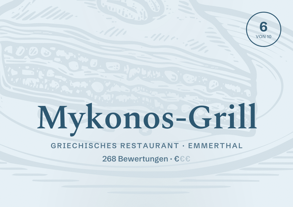 Illustriertes Poster von Mykonos-Grill, Griechisches Restaurant in Emmerthal: Bewertung 6 von 10 aus 268 Bewertungen, Preisniveau €