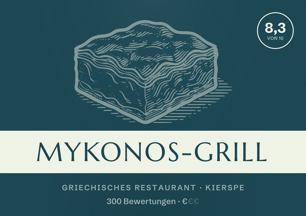 Illustriertes Poster von Mykonos-Grill, Griechisches Restaurant in Kierspe: Bewertung 8,3 von 10 aus 300 Bewertungen, Preisniveau €