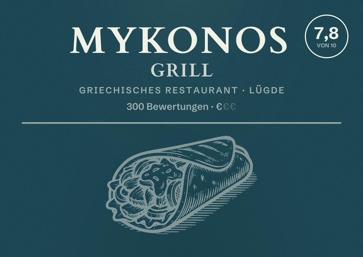 Illustriertes Poster von Mykonos Grill, Griechisches Restaurant in Lügde: Bewertung 7,8 von 10 aus 300 Bewertungen, Preisniveau €