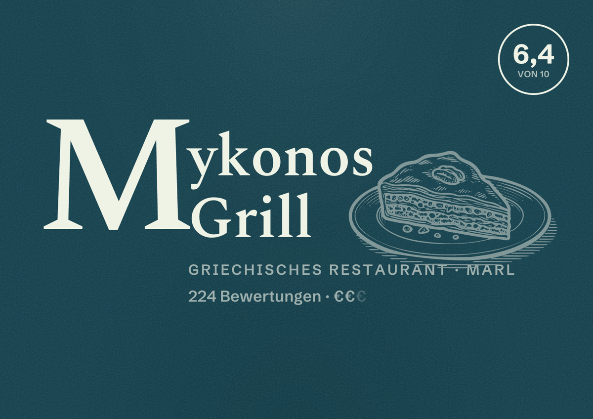 Illustriertes Poster von Mykonos Grill, Griechisches Restaurant in Marl: Bewertung 6,4 von 10 aus 224 Bewertungen, Preisniveau €€
