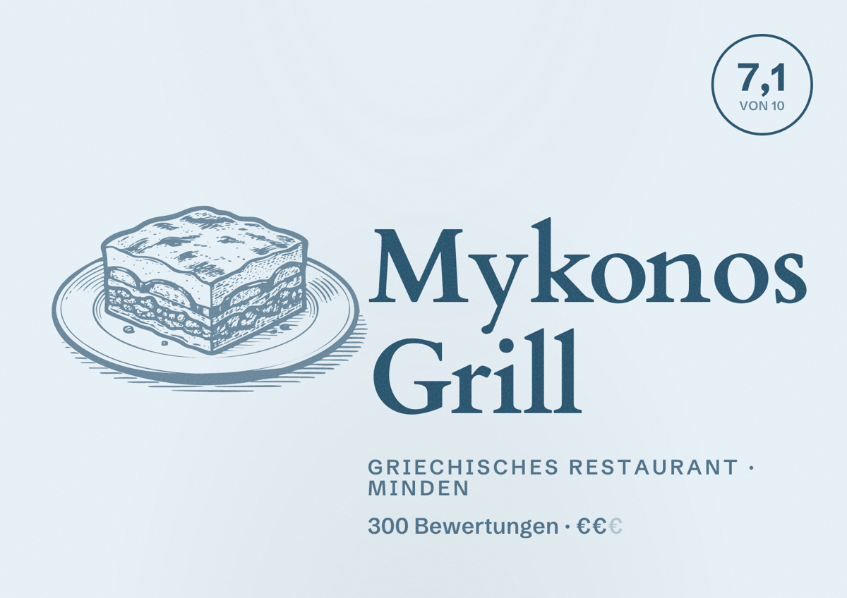 Illustriertes Poster von Mykonos Grill, Griechisches Restaurant in Minden: Bewertung 7,1 von 10 aus 300 Bewertungen, Preisniveau €€
