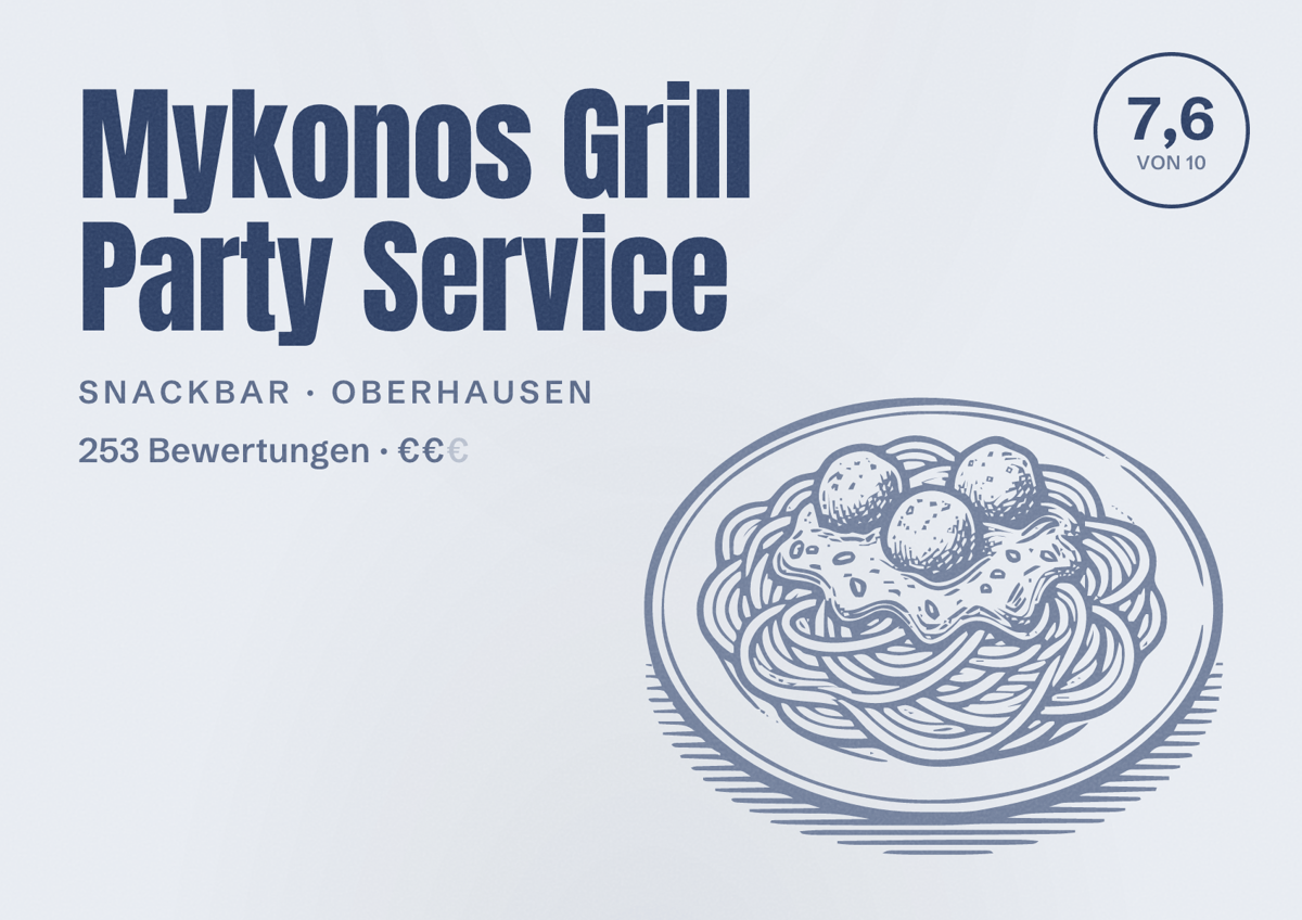 Illustriertes Poster von Mykonos Grill Party Service, Snackbar in Oberhausen: Bewertung 7,6 von 10 aus 253 Bewertungen, Preisniveau €€