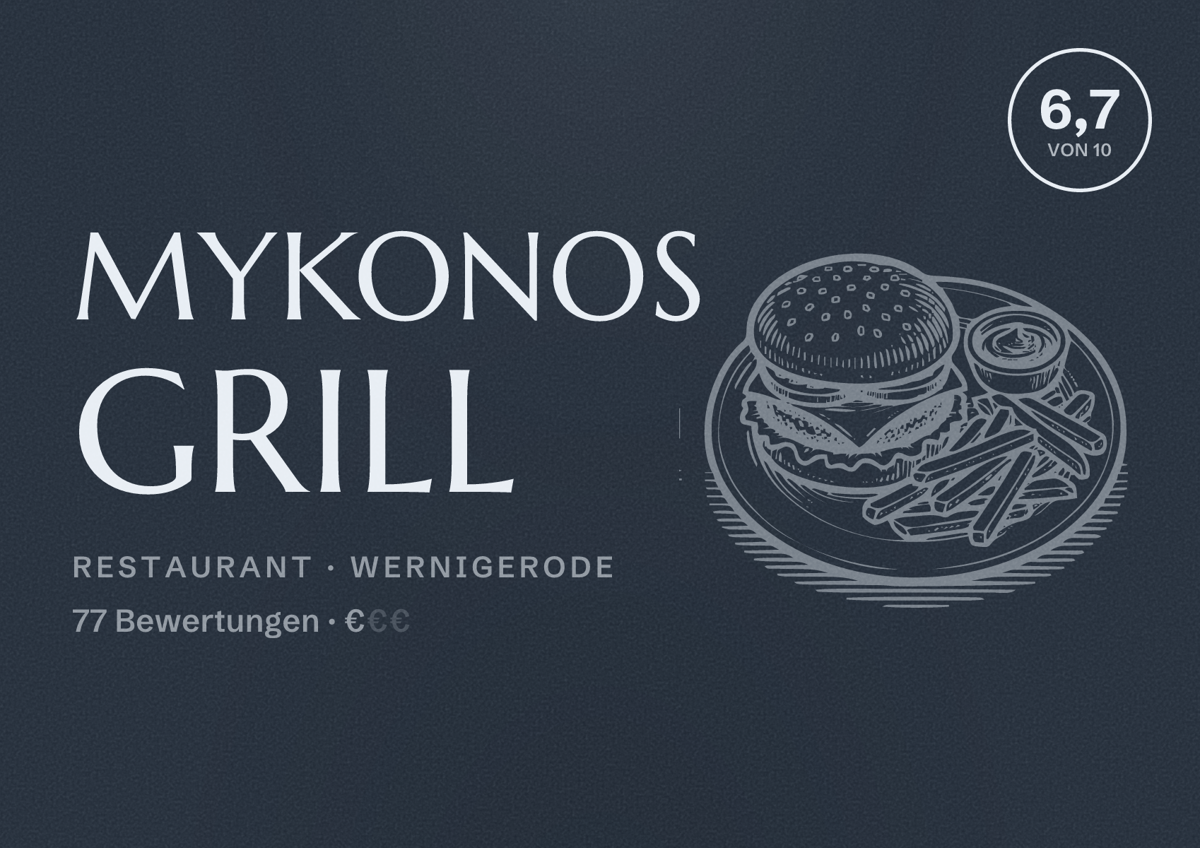 Illustriertes Poster von Mykonos Grill, Restaurant in Wernigerode: Bewertung 6,7 von 10 aus 77 Bewertungen, Preisniveau €