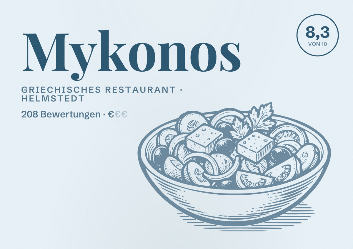 Illustriertes Poster von Mykonos, Griechisches Restaurant in Helmstedt: Bewertung 8,3 von 10 aus 208 Bewertungen, Preisniveau €