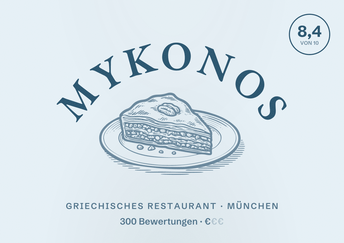 Illustriertes Poster von Mykonos, Griechisches Restaurant in München: Bewertung 8,4 von 10 aus 300 Bewertungen, Preisniveau €