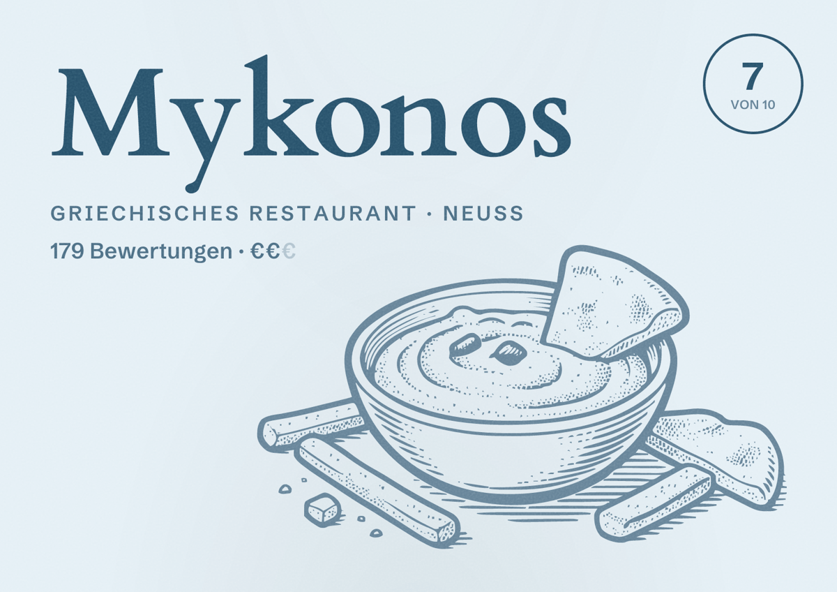 Illustriertes Poster von Mykonos, Griechisches Restaurant in Neuss: Bewertung 7,0 von 10 aus 179 Bewertungen, Preisniveau €€