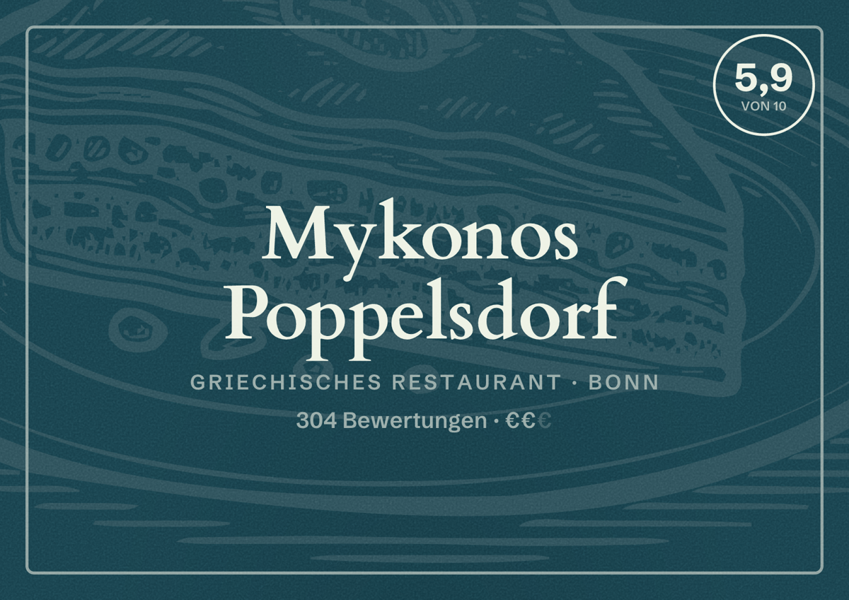 Illustriertes Poster von Mykonos Poppelsdorf, Griechisches Restaurant in Bonn: Bewertung 5,9 von 10 aus 304 Bewertungen, Preisniveau €€