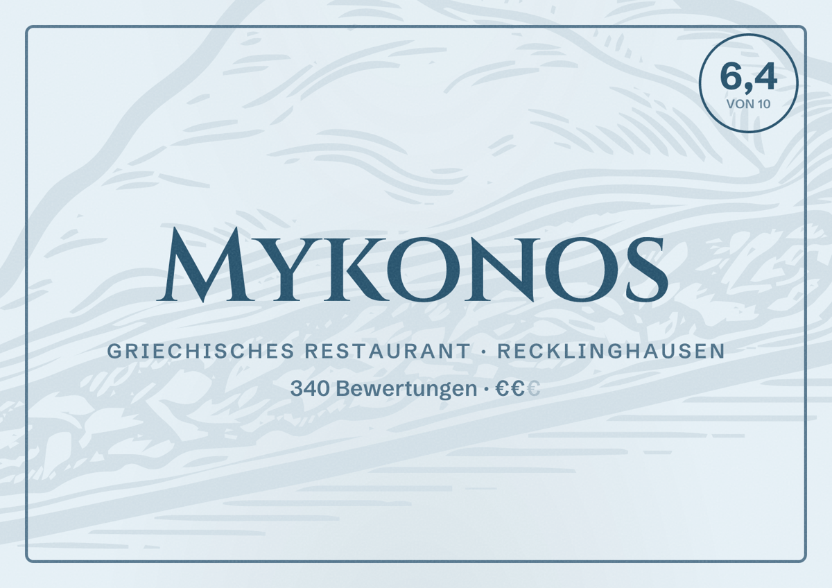 Illustriertes Poster von Mykonos, Griechisches Restaurant in Recklinghausen: Bewertung 6,4 von 10 aus 340 Bewertungen, Preisniveau €€