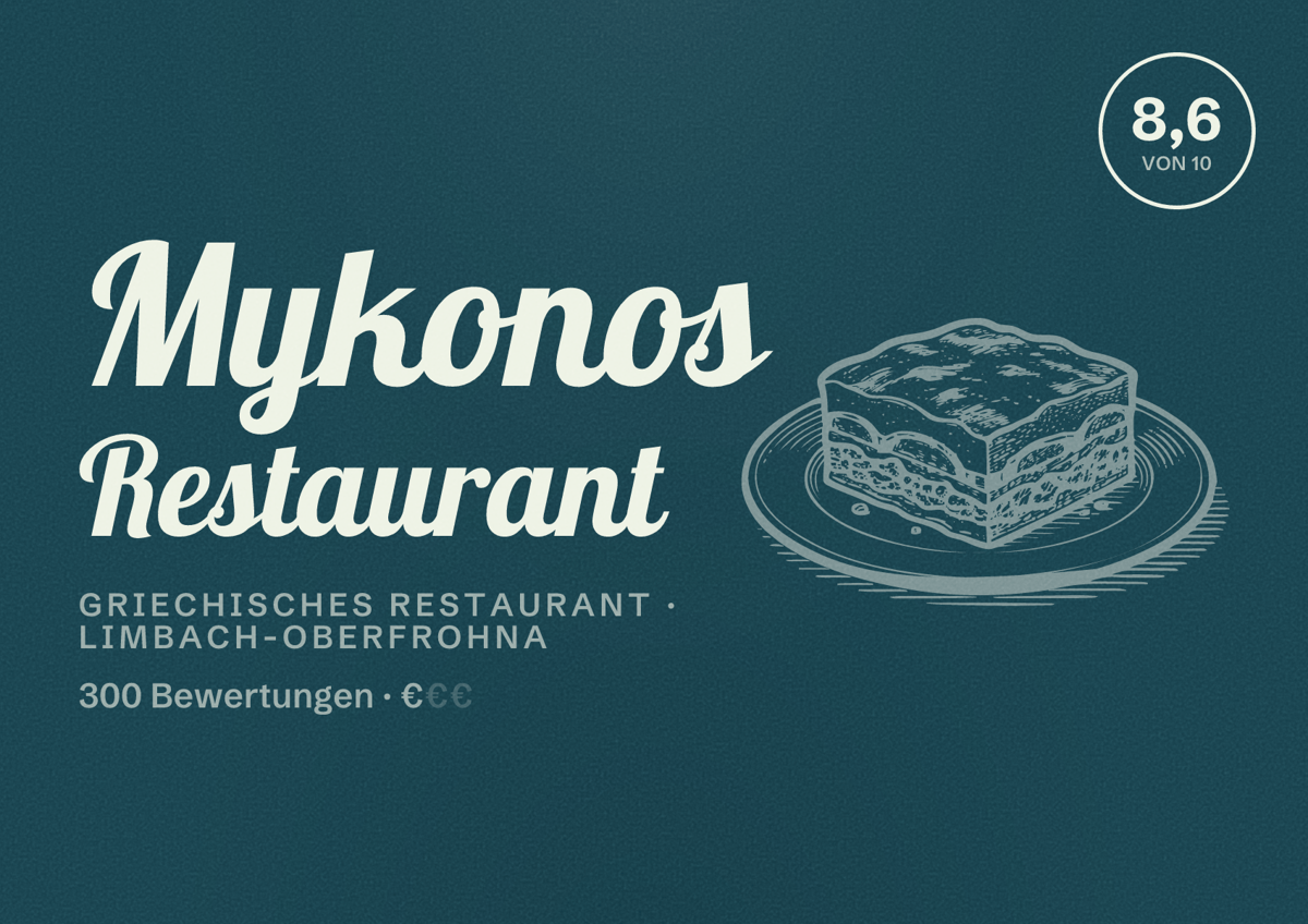 Illustriertes Poster von Mykonos Restaurant, Griechisches Restaurant in Limbach-Oberfrohna: Bewertung 8,6 von 10 aus 300 Bewertungen, Preisniveau €