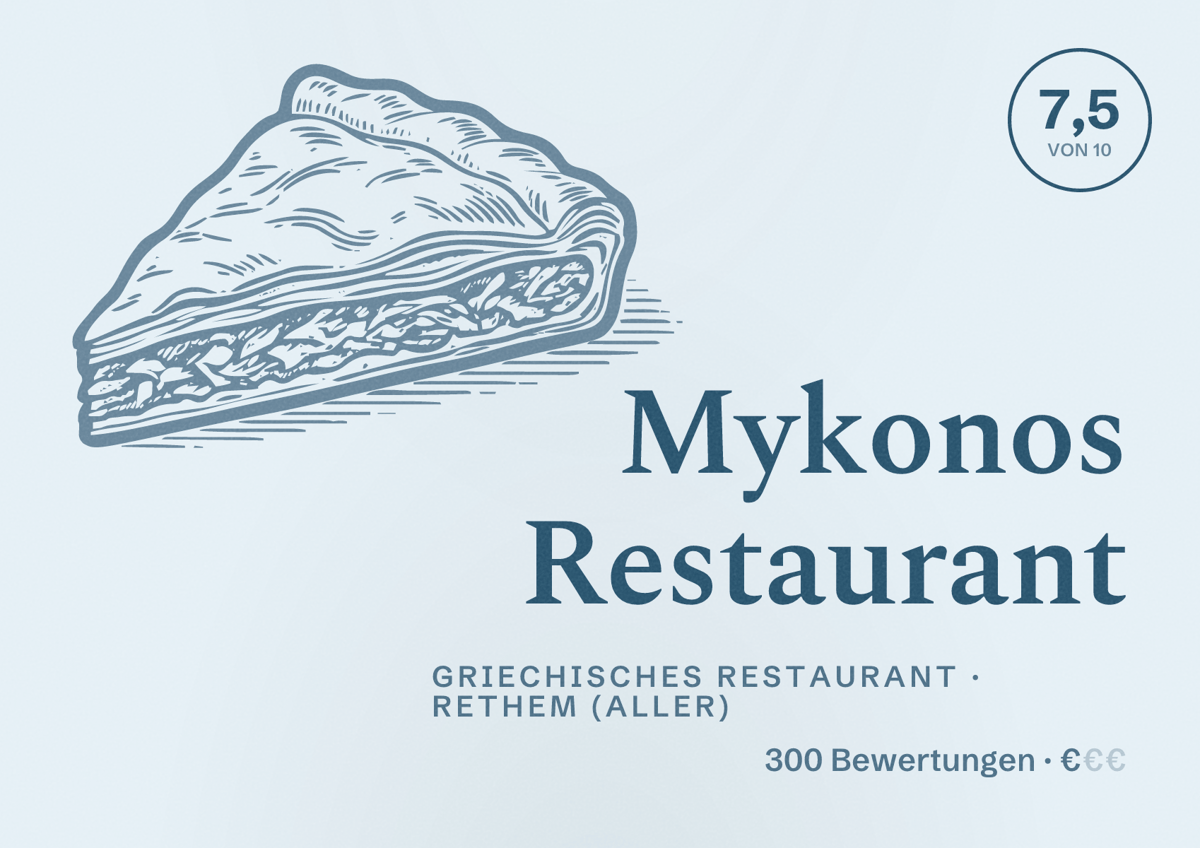 Illustriertes Poster von Mykonos Restaurant, Griechisches Restaurant in Rethem (Aller): Bewertung 7,5 von 10 aus 300 Bewertungen, Preisniveau €