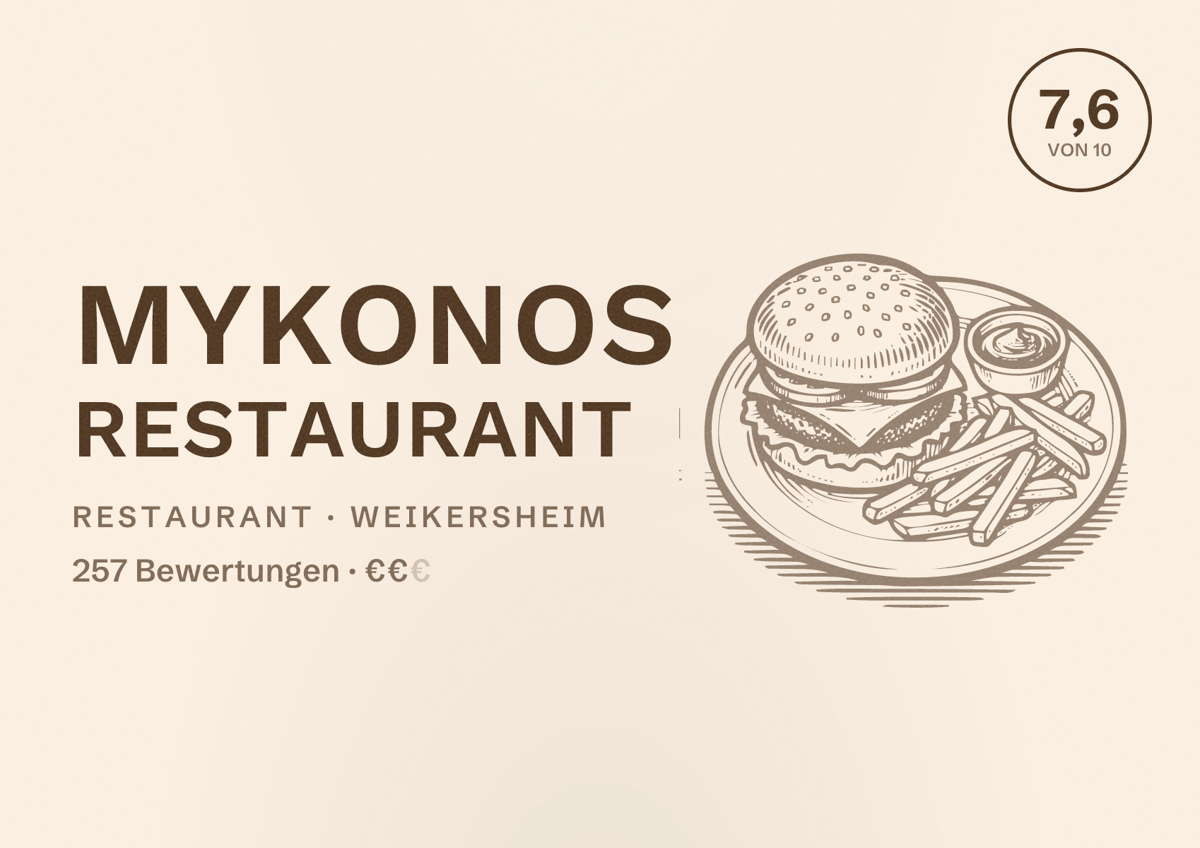 Illustriertes Poster von MYKONOS restaurant, Restaurant in Weikersheim: Bewertung 7,6 von 10 aus 257 Bewertungen, Preisniveau €€