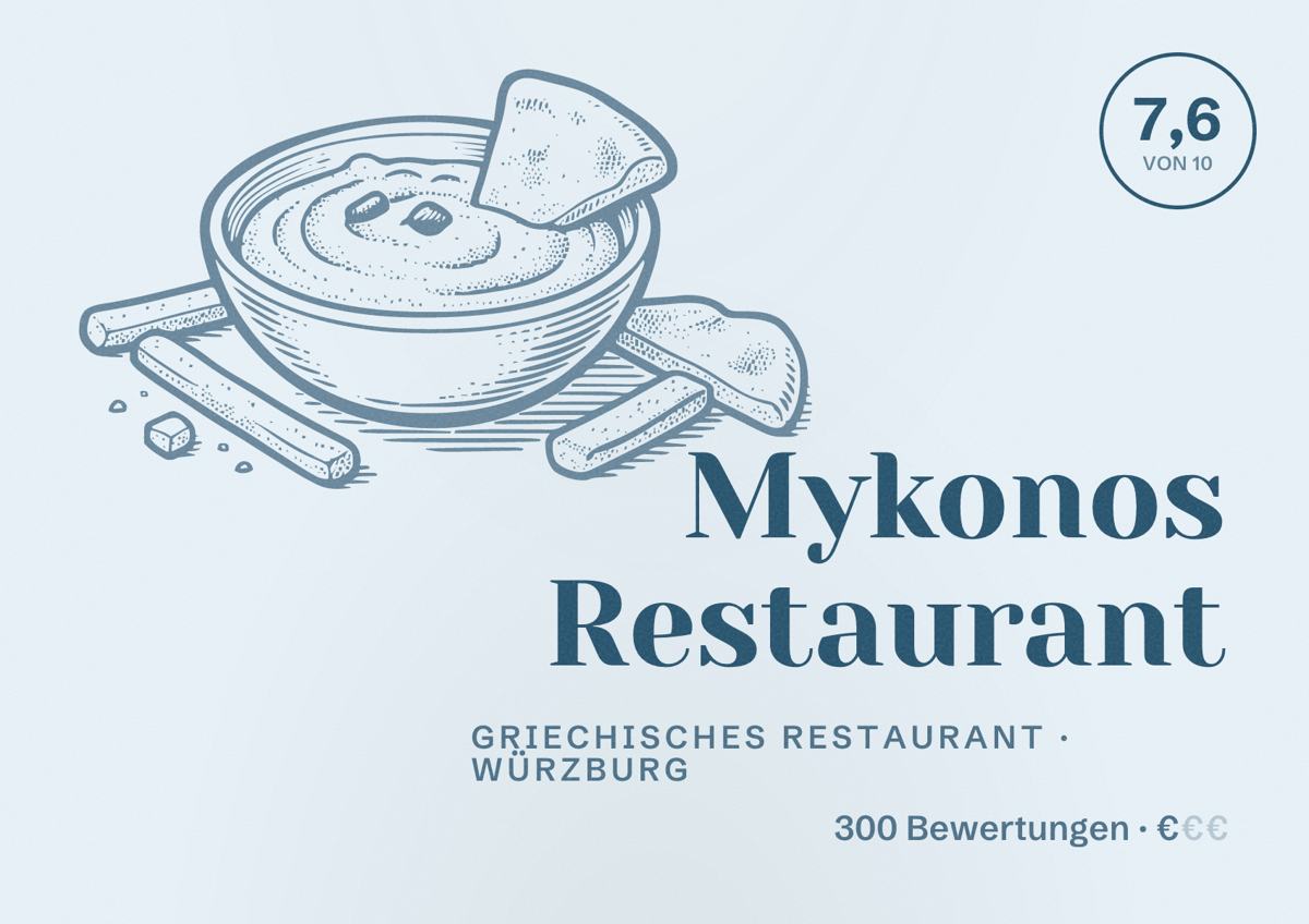 Illustriertes Poster von Mykonos Restaurant, Griechisches Restaurant in Würzburg: Bewertung 7,6 von 10 aus 300 Bewertungen, Preisniveau €