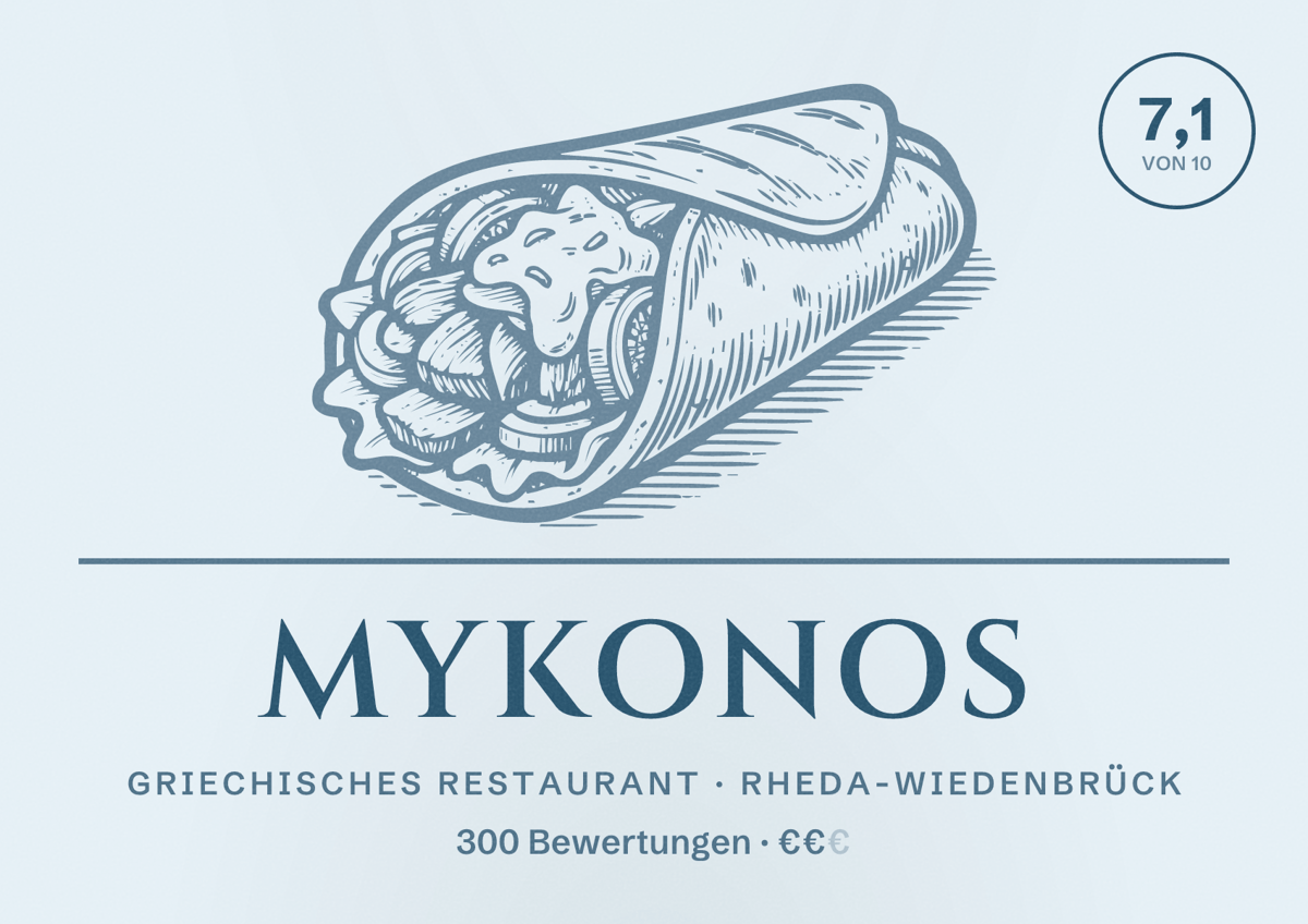 Illustriertes Poster von Mykonos, Griechisches Restaurant in Rheda-Wiedenbrück: Bewertung 7,1 von 10 aus 300 Bewertungen, Preisniveau €€