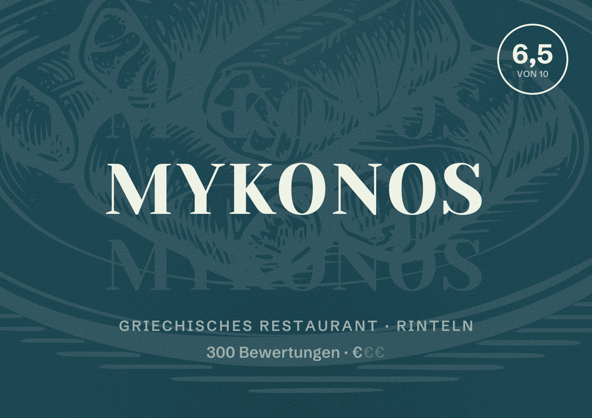 Illustriertes Poster von Mykonos, Griechisches Restaurant in Rinteln: Bewertung 6,5 von 10 aus 300 Bewertungen, Preisniveau €