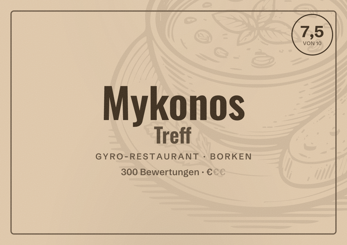 Illustriertes Poster von Mykonos Treff, Gyro-Restaurant in Borken: Bewertung 7,5 von 10 aus 300 Bewertungen, Preisniveau €