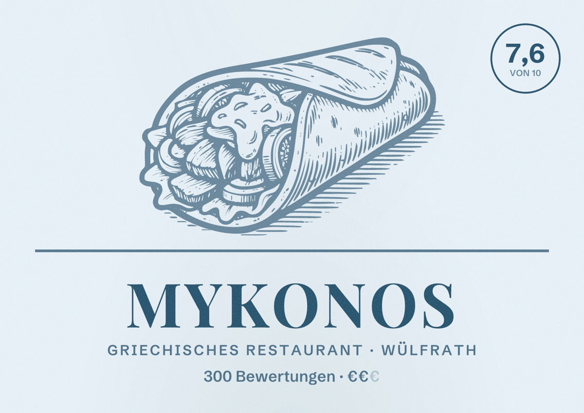 Illustriertes Poster von Mykonos, Griechisches Restaurant in Wülfrath: Bewertung 7,6 von 10 aus 300 Bewertungen, Preisniveau €€