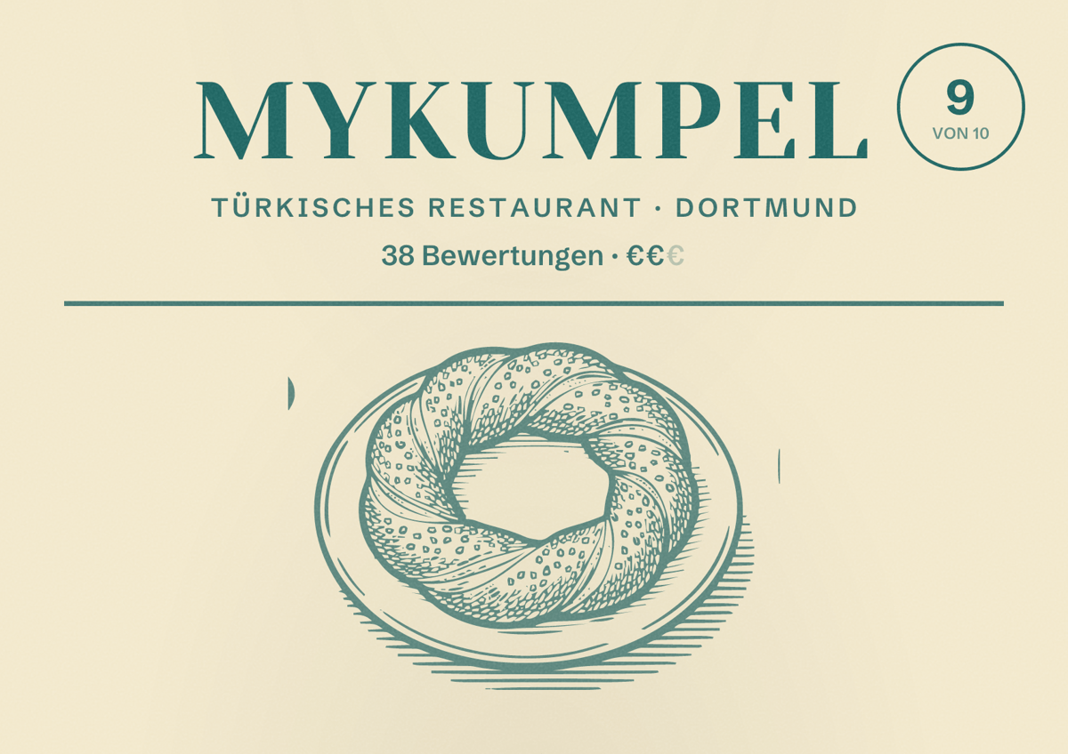Illustriertes Poster von MyKUMPEL, Türkisches Restaurant in Dortmund: Bewertung 9,0 von 10 aus 38 Bewertungen, Preisniveau €€