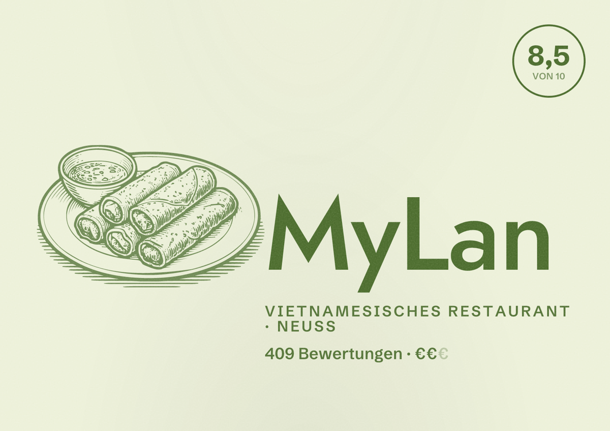 Illustriertes Poster von MyLan, Vietnamesisches Restaurant in Neuss: Bewertung 8,5 von 10 aus 409 Bewertungen, Preisniveau €€