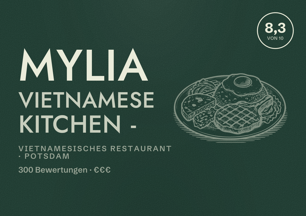 Illustriertes Poster von MYLIA Vietnamese Kitchen -, Vietnamesisches Restaurant in Potsdam: Bewertung 8,3 von 10 aus 300 Bewertungen, Preisniveau €€€