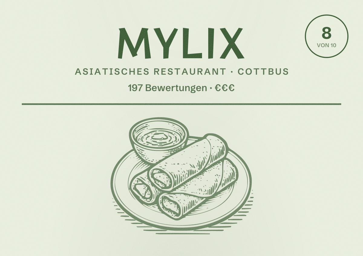Illustriertes Poster von Mylix, Asiatisches Restaurant in Cottbus: Bewertung 8 von 10 aus 197 Bewertungen, Preisniveau €€€