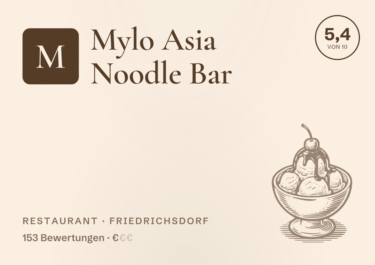 Illustriertes Poster von Mylo Asia Noodle Bar, Restaurant in Friedrichsdorf: Bewertung 5,4 von 10 aus 153 Bewertungen, Preisniveau €