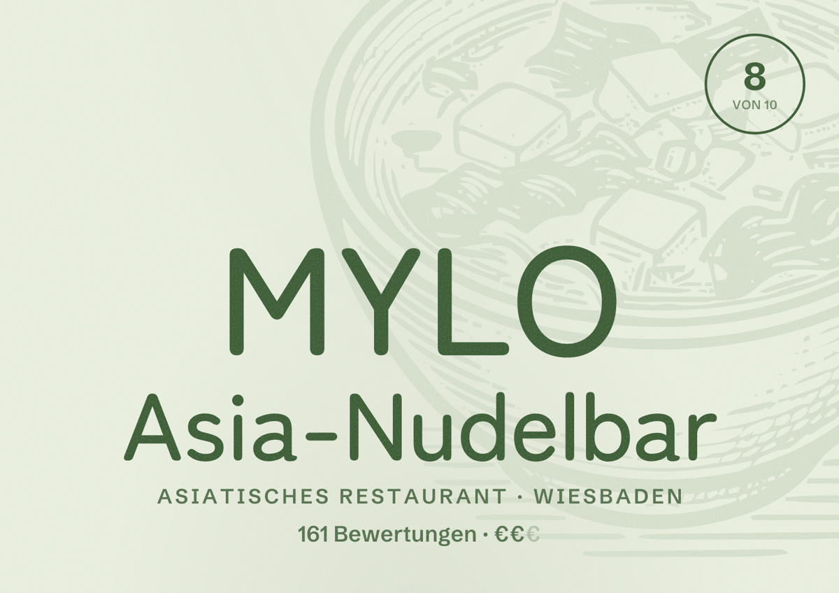 Illustriertes Poster von MYLO Asia-Nudelbar, Asiatisches Restaurant in Wiesbaden: Bewertung 8,0 von 10 aus 161 Bewertungen, Preisniveau €€