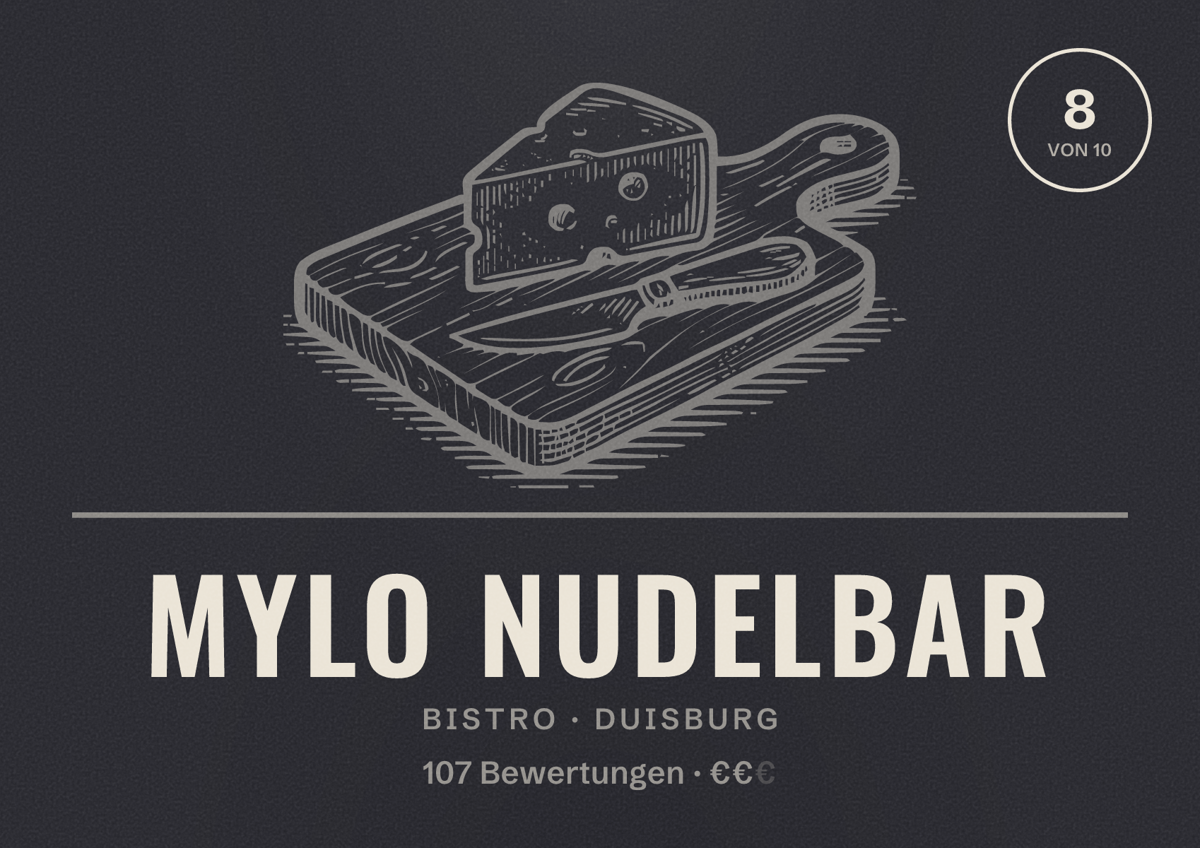 Illustriertes Poster von Mylo Nudelbar, Bistro in Duisburg: Bewertung 8 von 10 aus 107 Bewertungen, Preisniveau €€