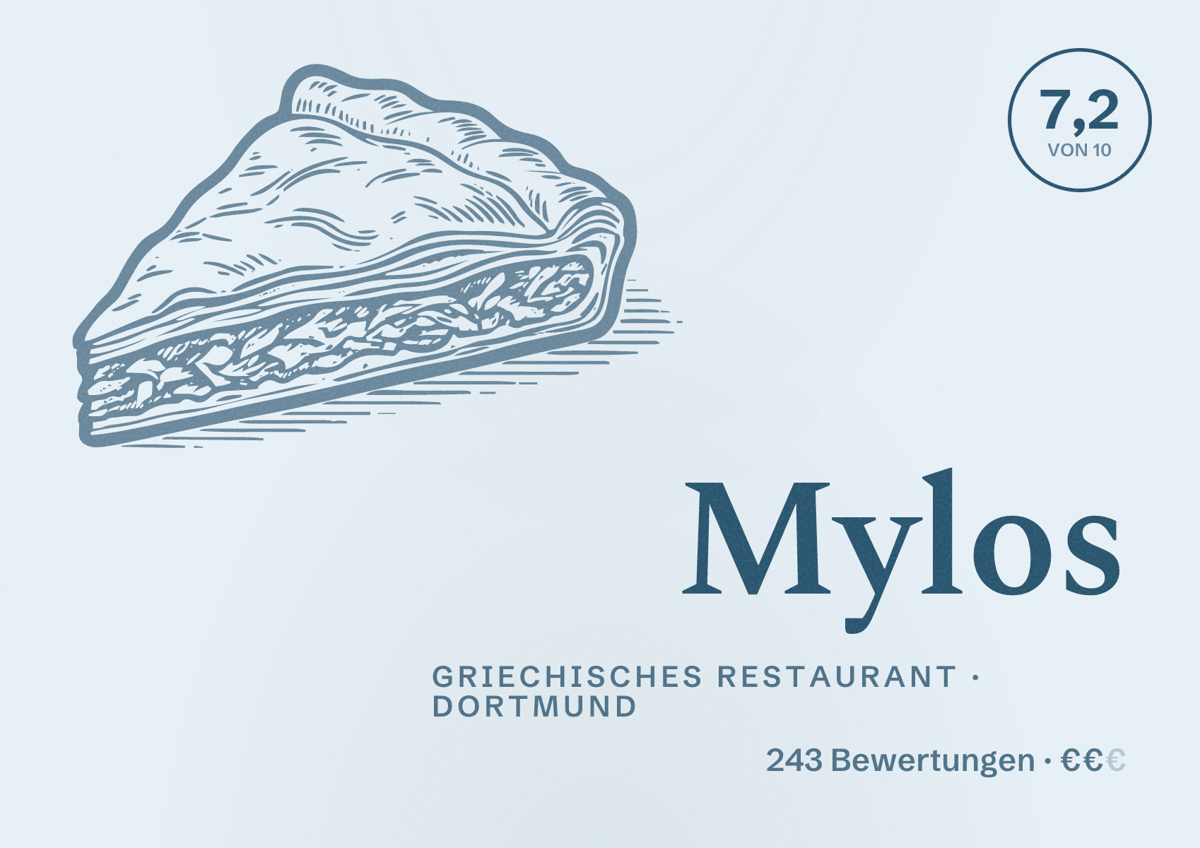Illustriertes Poster von Mylos, Griechisches Restaurant in Dortmund: Bewertung 7,2 von 10 aus 243 Bewertungen, Preisniveau €€