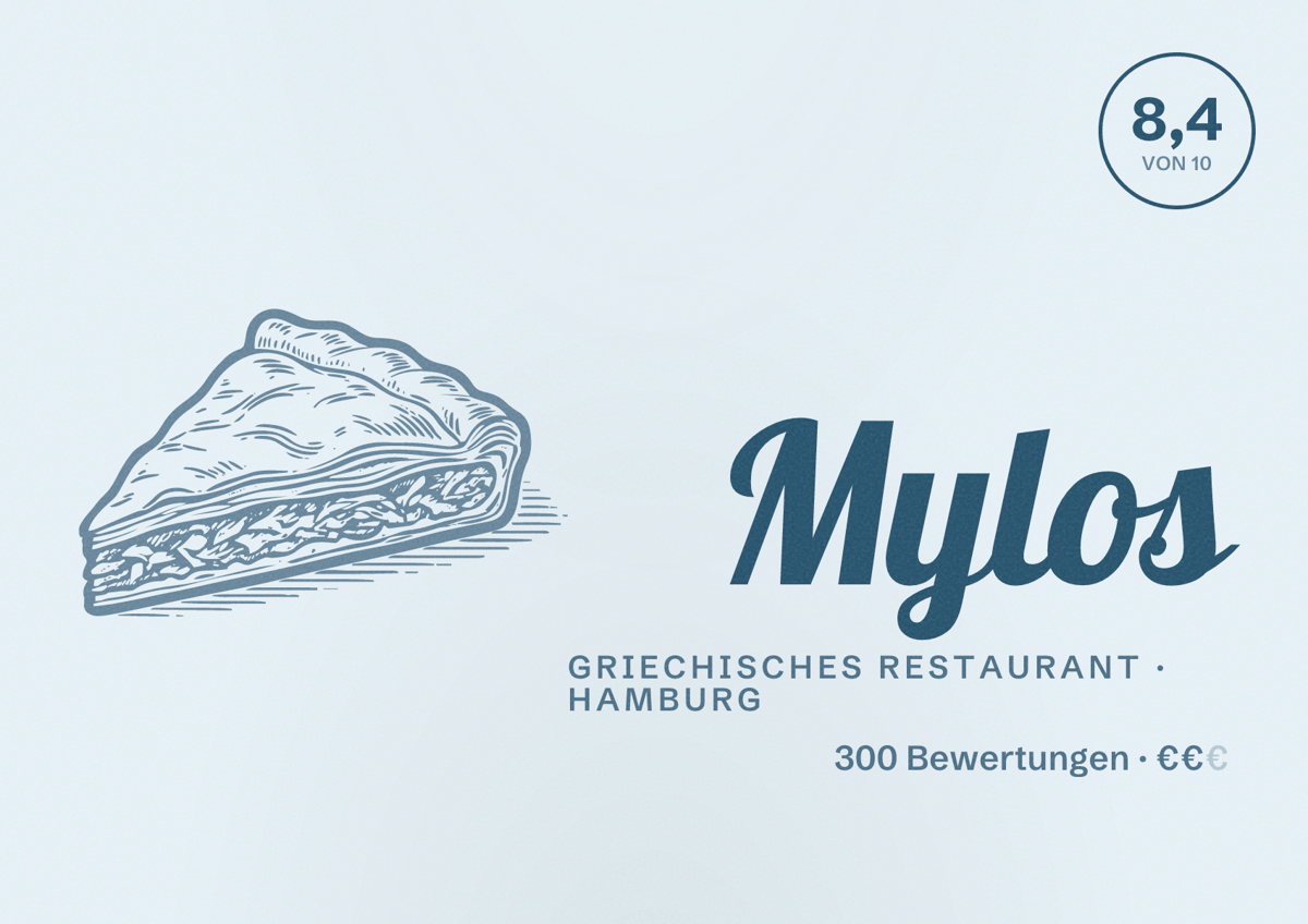 Illustriertes Poster von Mylos, Griechisches Restaurant in Hamburg: Bewertung 8,4 von 10 aus 300 Bewertungen, Preisniveau €€