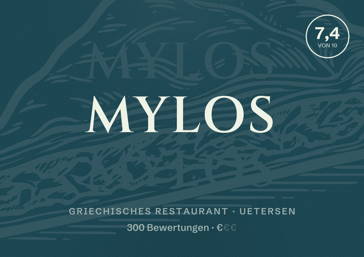 Illustriertes Poster von Mylos, Griechisches Restaurant in Uetersen: Bewertung 7,4 von 10 aus 300 Bewertungen, Preisniveau €