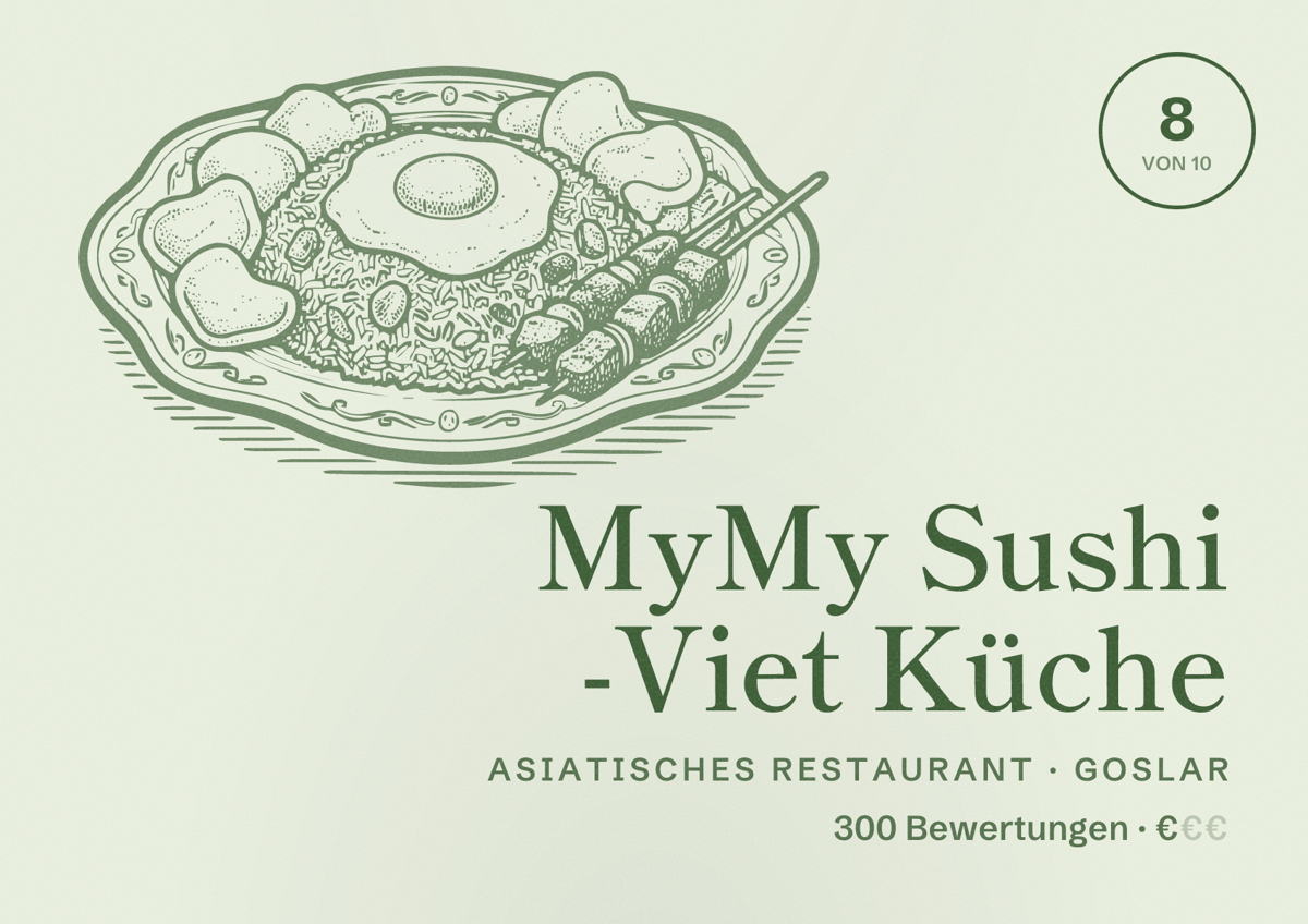 Illustriertes Poster von MyMy Sushi -Viet Küche, Asiatisches Restaurant in Goslar: Bewertung 8 von 10 aus 300 Bewertungen, Preisniveau €