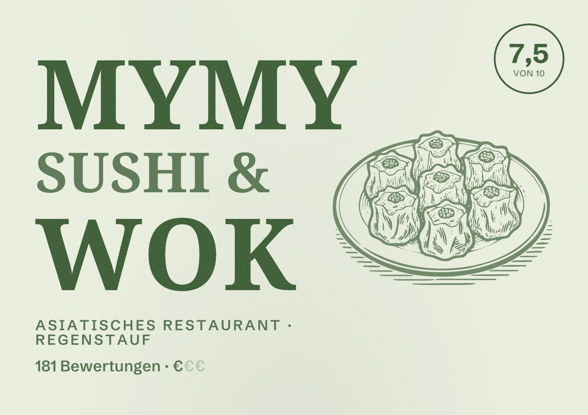 Illustriertes Poster von MYMY Sushi & Wok, Asiatisches Restaurant in Regenstauf: Bewertung 7,5 von 10 aus 181 Bewertungen, Preisniveau €