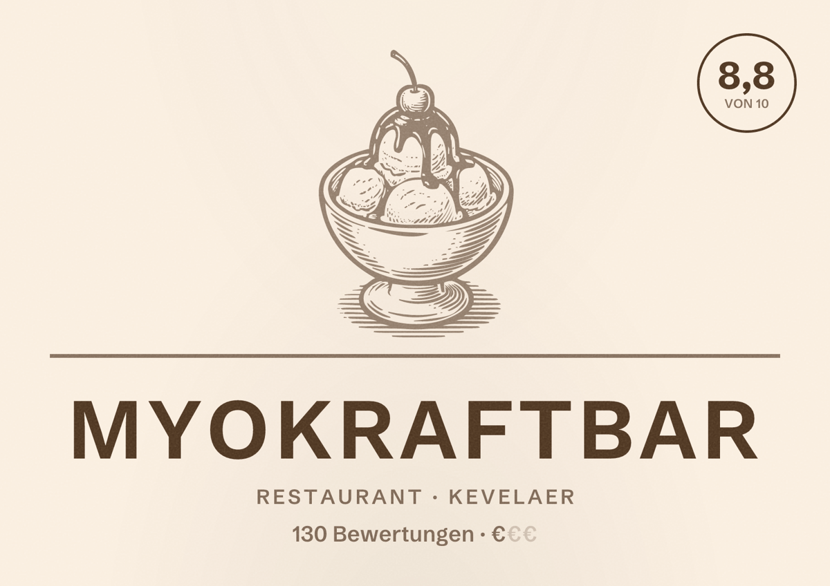Illustriertes Poster von MYOKRAFTBAR, Restaurant in Kevelaer: Bewertung 8,8 von 10 aus 130 Bewertungen, Preisniveau €