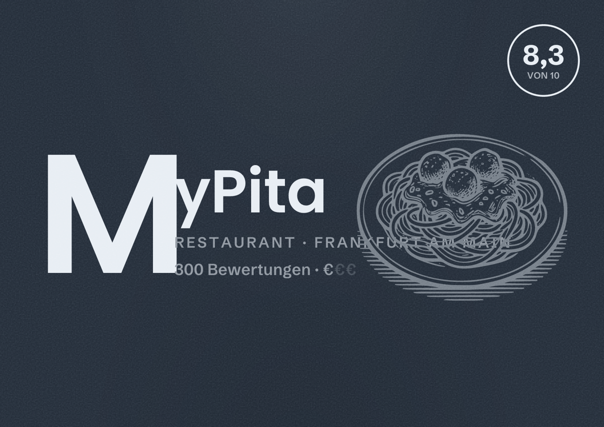 Illustriertes Poster von MyPita, Restaurant in Frankfurt am Main: Bewertung 8,3 von 10 aus 300 Bewertungen, Preisniveau €