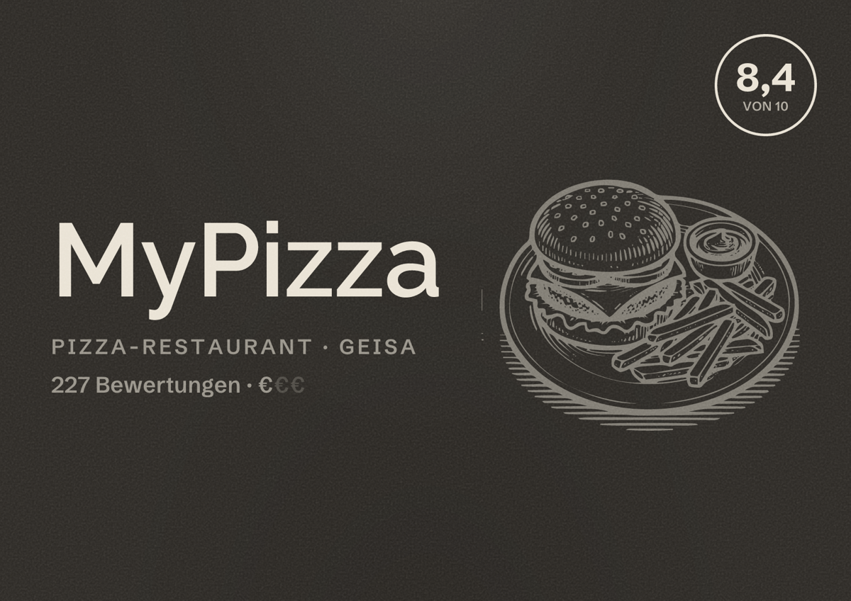 Illustriertes Poster von MyPizza, Pizza-Restaurant in Geisa: Bewertung 8,4 von 10 aus 227 Bewertungen, Preisniveau €