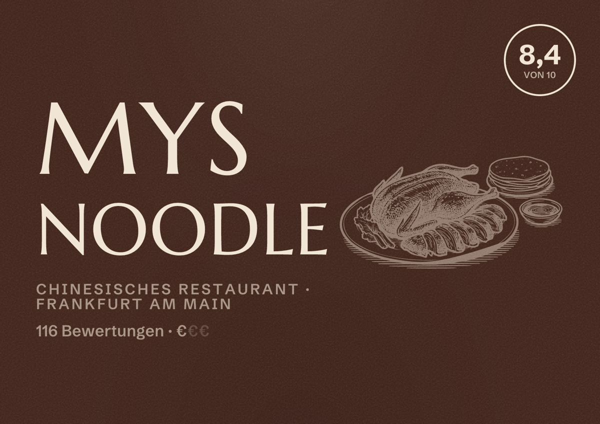 Illustriertes Poster von Mys Noodle, Chinesisches Restaurant in Frankfurt am Main: Bewertung 8,4 von 10 aus 116 Bewertungen, Preisniveau €