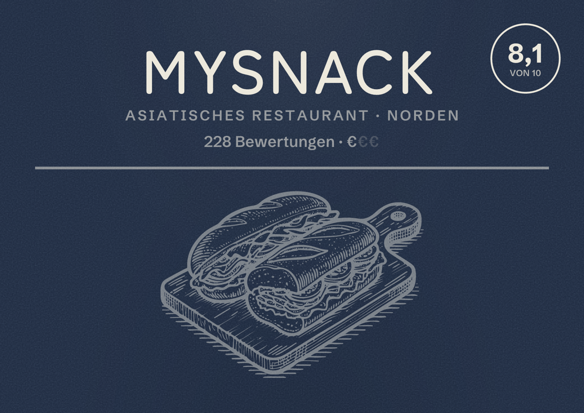 Illustriertes Poster von MySnack, Asiatisches Restaurant in Norden: Bewertung 8,1 von 10 aus 228 Bewertungen, Preisniveau €