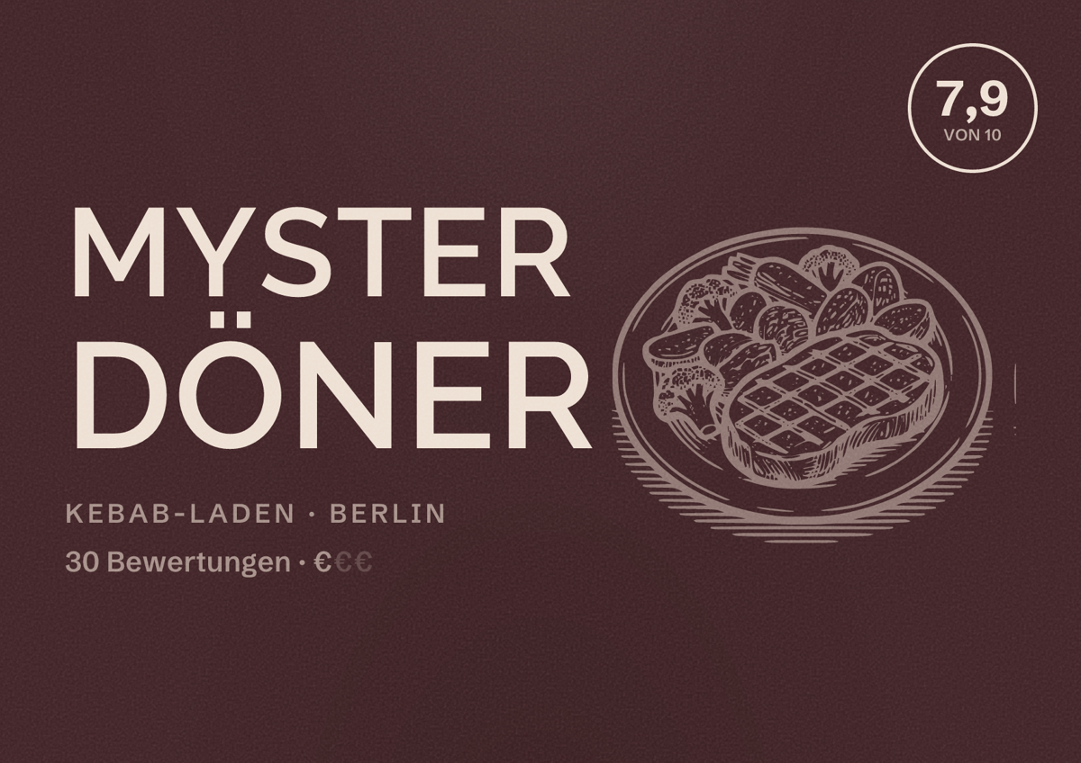 Illustriertes Poster von Myster Döner, Kebab-Laden in Berlin: Bewertung 7,9 von 10 aus 30 Bewertungen, Preisniveau €