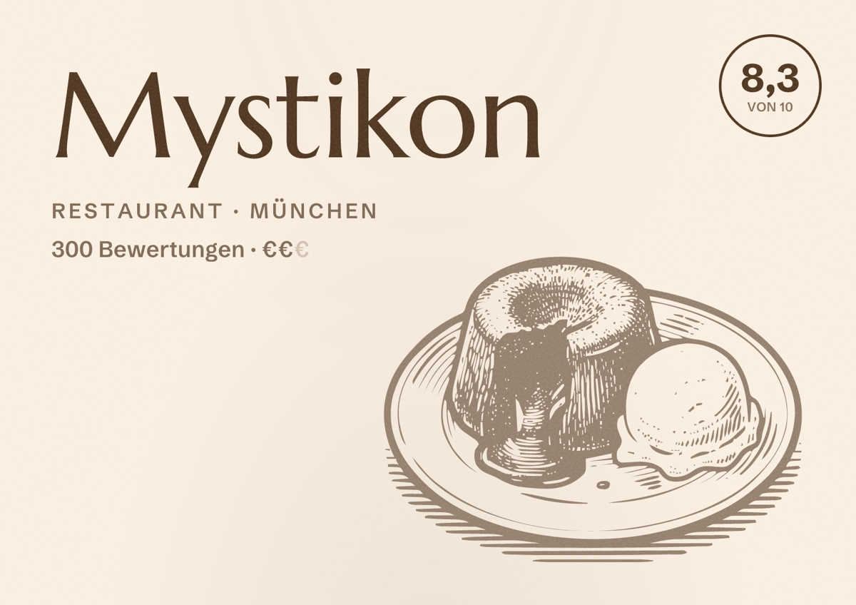 Illustriertes Poster von Mystikon, Restaurant in München: Bewertung 8,3 von 10 aus 300 Bewertungen, Preisniveau €€