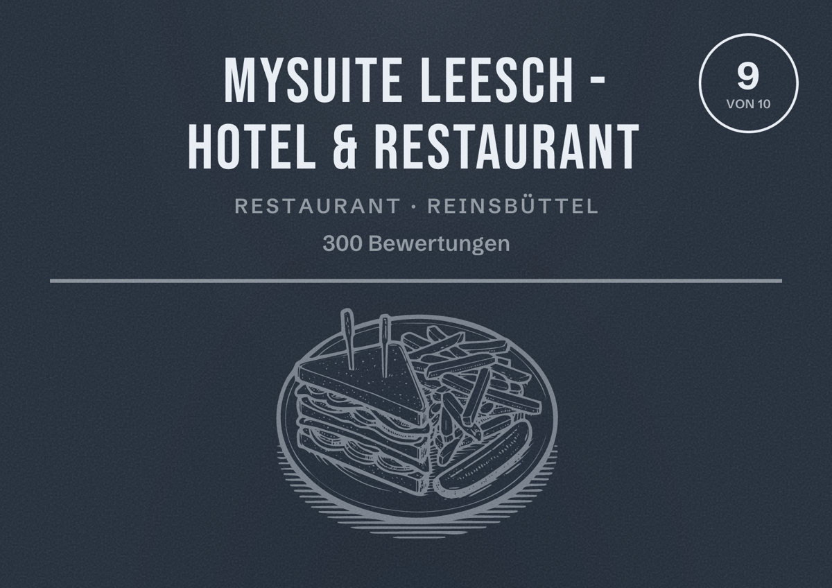 Illustriertes Poster von MySuite Leesch - Hotel & Restaurant, Restaurant in Reinsbüttel: Bewertung 9 von 10 aus 300 Bewertungen