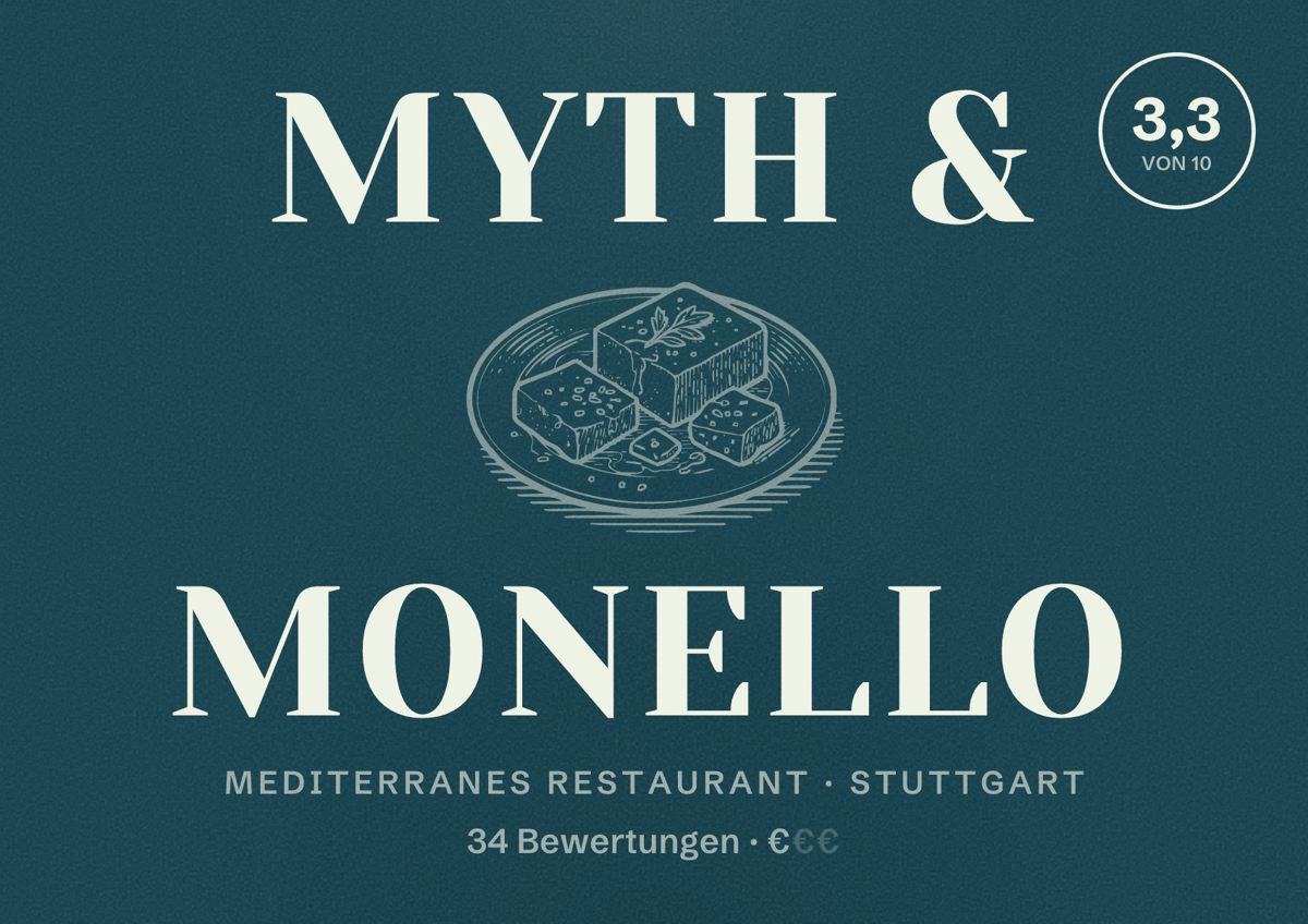 Illustriertes Poster von Myth & Monello, Mediterranes Restaurant in Stuttgart: Bewertung 3,3 von 10 aus 34 Bewertungen, Preisniveau €