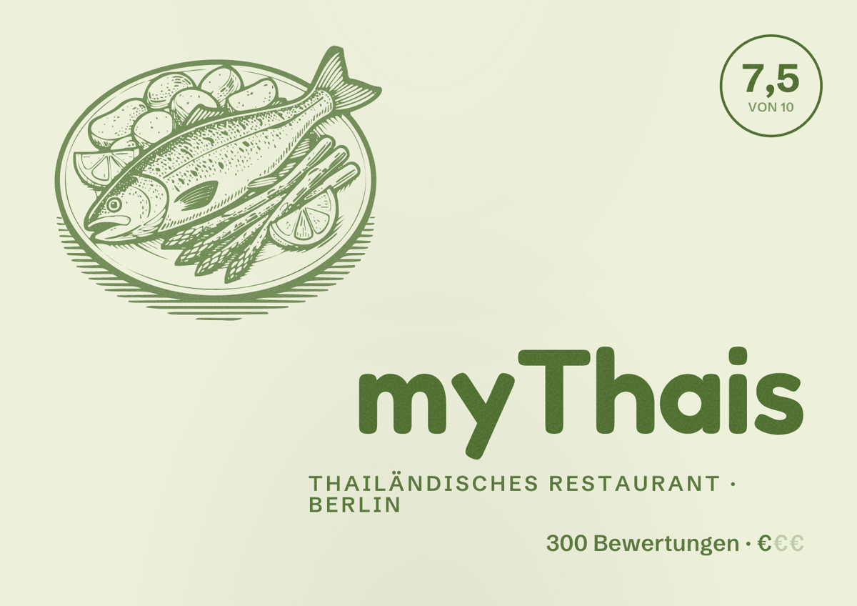 Illustriertes Poster von myThais, Thailändisches Restaurant in Berlin: Bewertung 7,5 von 10 aus 300 Bewertungen, Preisniveau €