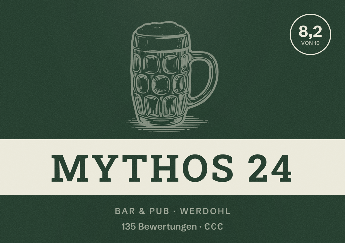 Illustriertes Poster von Mythos 24, Bar & Pub in Werdohl: Bewertung 8,2 von 10 aus 135 Bewertungen, Preisniveau €€€