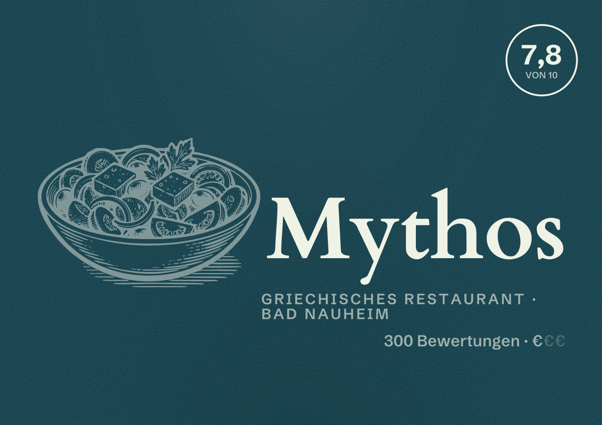 Illustriertes Poster von Mythos, Griechisches Restaurant in Bad Nauheim: Bewertung 7,8 von 10 aus 300 Bewertungen, Preisniveau €